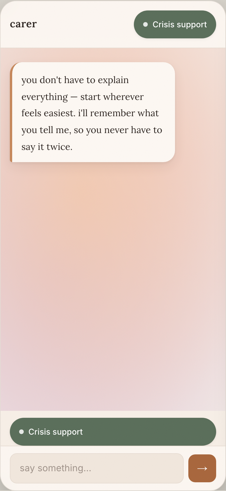 CARER first exchange screen: the companion listening, the carer typing mid-thought, no prompt needed