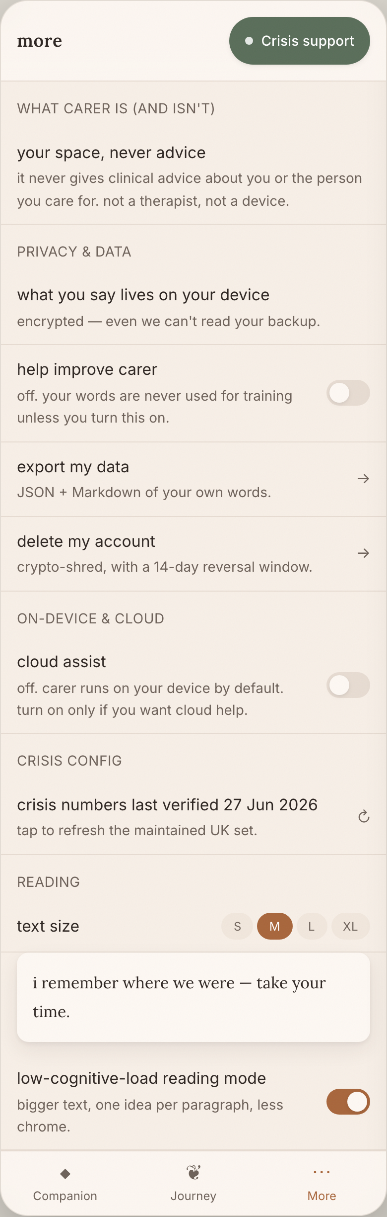 CARER settings and privacy: see everything, change everything, export or delete at any time