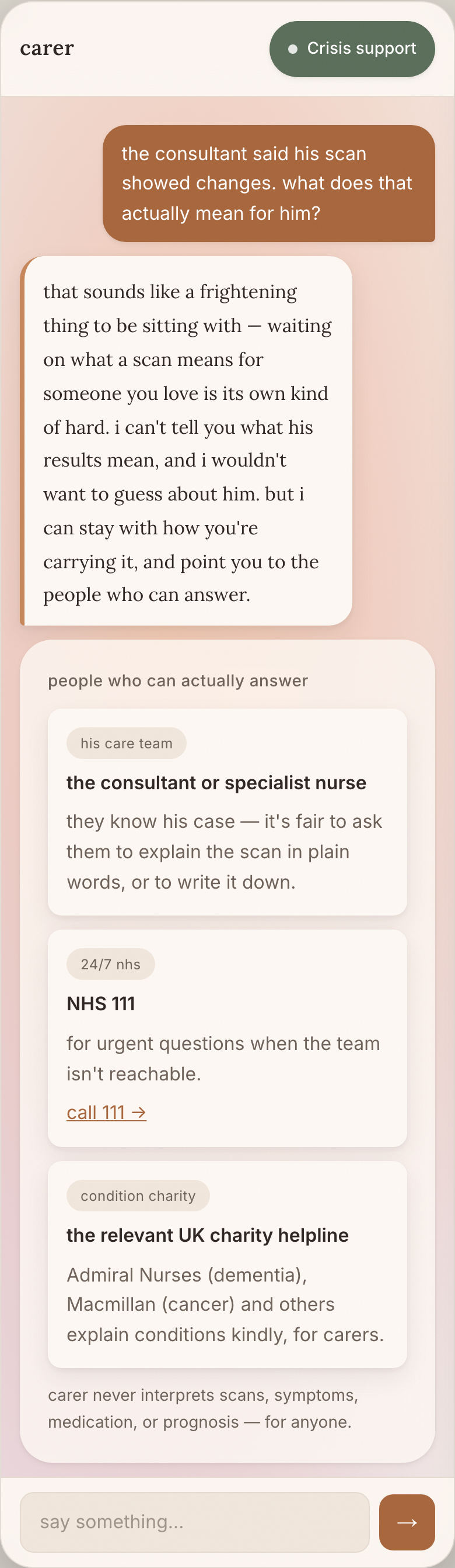 CARER disease-aware signpost sheet: points to the right carer organisations for a condition, never gives medical advice